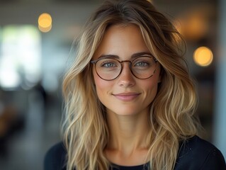 smiling businesswoman with eyeglasses engaging in conversation in a modern office, highlighting the essence of teamwork, professionalism, and the vibrant energy of a collaborative work environment