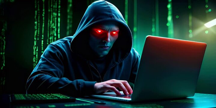 Hacker in hoodie with glowing red eyes working on laptop in a dark room with green code background.