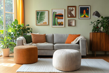 Stylish living room with sofa, cozy pouf and pictures