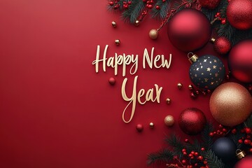 Elegant New Year greeting with festive ornaments on red.