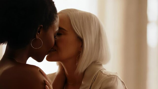 Interracial lesbian couple kissing. Two women embracing with their faces close, sharing a tender kiss. The concept of LGBT and non-traditional orientation.