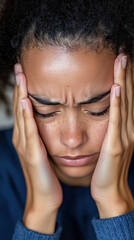 Fototapeta premium femme qui se tient la tête entre ses deux mains, l'air soucieux et inquiet