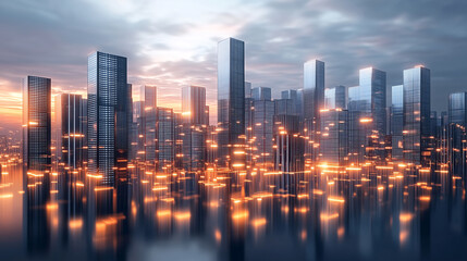 Obraz premium Futuristic city skyline with glowing buildings reflecting on water