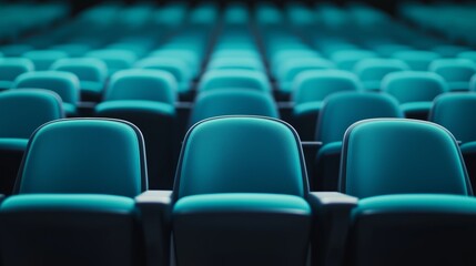 Fototapeta premium Rows of teal theater seats arranged in a spacious cinema hall awaiting the audience for an evening show.