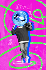 Sketch photo collage of pink vibrant color backdrop line doodle party discoball obsolete dance...