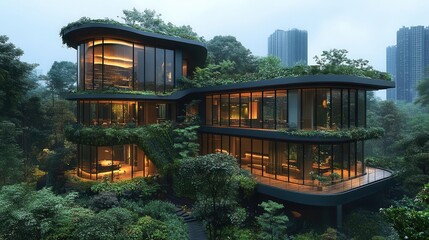 Fototapeta premium a panoramic view of a modern green office building showcasing its innovative architecture and ecofriendly design surrounded by lush greenery and open spaces