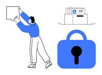 Man fitting puzzle piece, file cabinet with CVs, and a padlock symbol emphasizes problem-solving, data management, and security. Ideal for employment, recruitment, personal information protection