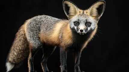 Fototapeta premium A gray fox with large ears and a black nose stands on a black background.