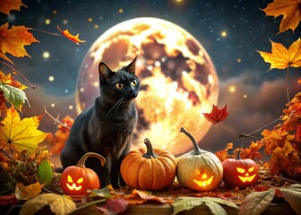 Fototapeta premium Classic Halloween Backdrop with Black Cat - Spooky Drones Capture Autumn Vibes