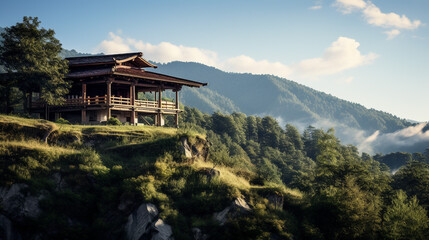 Obraz premium Illustration of an unusual wooden house in rustic style. Beautiful nature against the backdrop of mountains and forest.
