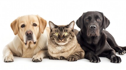 dogs and a cat are laying on a white background