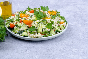 Tabbouleh salad national traditional food middle eastern. Healthy vegetarian food. Muslim family dinner, Ramadan. Arabian cuisine.