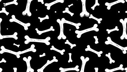 vintage dog bones vector seamless pattern with flat line icons. Black white color pet food texture isolated with white highlights, png