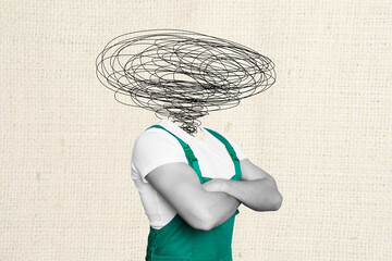 Photo cartoon comics sketch collage picture of doubtful unsure guy whirlwind instead head isolated...