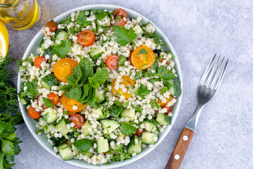 Tabbouleh salad national traditional food middle eastern. Healthy vegetarian food. Muslim family dinner, Ramadan. Arabian cuisine.