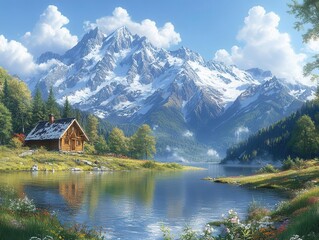 Fototapeta premium stunning panorama blends fantastical mountains and serene lakes with everyday elements like a cozy cottage, creating a magical yet familiar landscape that inspires imagination