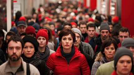 A busy crowd of people in a hallway, with a woman in a red coat standing out among them, creating a visually striking contrast.
