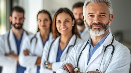 Fototapeta premium A group of doctors in white coats stand in a row, arms crossed, smiling confidently at the camera.