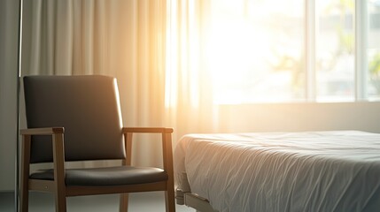 A serene bedroom scene featuring a wooden chair beside a bed, illuminated by soft morning sunlight through sheer curtains.