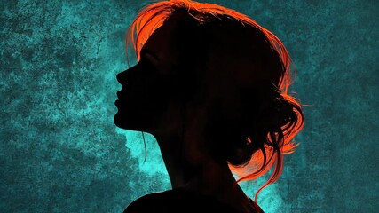 A silhouette of a woman with red hair against a teal background