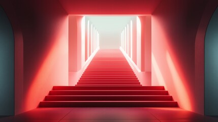 A striking red staircase leading towards a brightly lit exit, creating an atmosphere of mystery and anticipation in an abstract space.