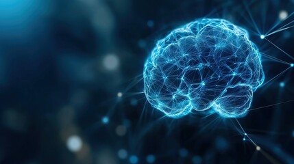 Obraz premium A futuristic representation of a brain, showcasing neural connections and glowing blue lights, on a dark background.
