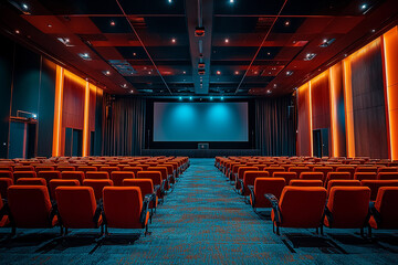 Naklejka premium Empty cinema hall with red seats and dim lighting during a screening