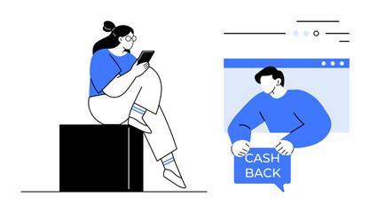 Two individuals engaged in digital activities one person checks a mobile phone while the other processes an online cashback. Ideal for technology, digital payments, online services, customer rewards
