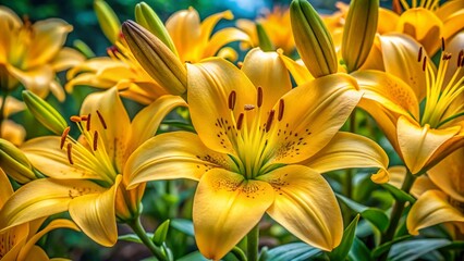 Fototapeta premium Close-Up of Blooming Yellow Lilies with Stamens, Petals, and Buds in a Vibrant Garden Setting