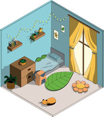 Isometric design of a teenager's or schoolchild's bedroom. A room with a bed, a chest of drawers, plants, a backpack and a cat.