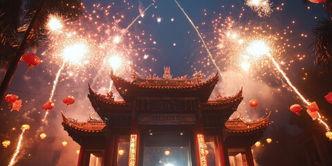 Fototapeta premium A stunning display of fireworks lights up the night sky over a traditional Chinese temple, symbolizing celebration and cultural heritage. Vibrant sparks illuminate the ornate architecture