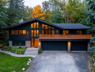 Modern single-family home with unique architecture surrounded by autumn foliage in a serene setting