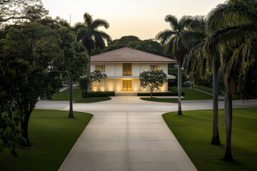 Fototapeta premium Elegant modern house with palm trees at dusk in a serene residential neighborhood