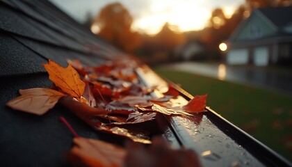Autumn leaves on a rain-soaked roof in the evening light, showcasing nature's transition and beauty.
