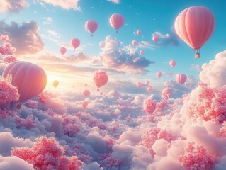 surreal 3d landscape filled with colorful balloons soaring through a dreamy sky, harmonizing pink and aquamarine tones for a whimsical, enchanting atmosphere