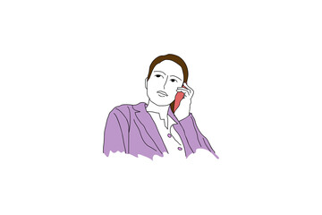 This is a vector illustration of a woman on the phone in a purple shirt, suitable for business designs, banners, seminars, flyers, content, icons, webinars, school textbooks and others