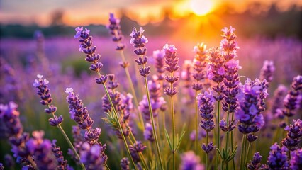 Fototapeta premium Close-Up of Lavender Flowers in Low Light - Serene Meadow Beauty for Nature Lovers