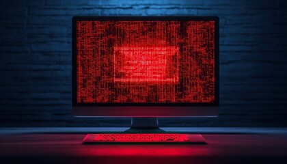 Computer monitor displaying red code on a dark background, ambient lighting creates a cyber atmosphere.