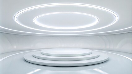 Obraz premium White minimalistic studio environment with bright lights and reflections 3d render illustration. white studio futuristic light interior with metallic reflections