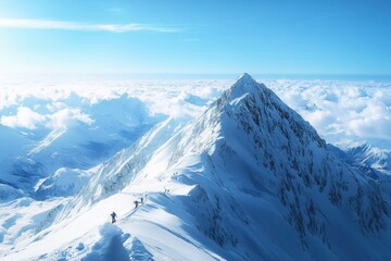 Naklejka premium Alpine climbers traverse a snow-covered peak under a bright blue sky during daytime hours
