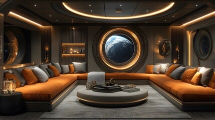 High-tech business lounge with innovative furniture, smart gadgets, and virtual collaboration tools