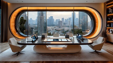 Fototapeta premium Futuristic boardroom meeting with business leaders analyzing data through AI dashboards