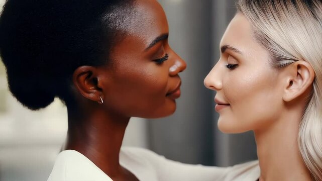 Two lesbian women sharing a loving gaze, radiating tenderness and affection. Interracial lesbian couple. The concept of LGBT and non-traditional orientation.