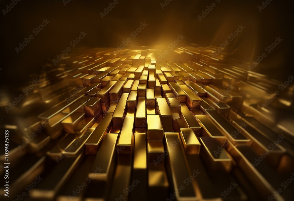 Poster Golden rectangular blocks stacked in a perspective view, illuminated by a bright light source, creating a rich and luxurious feel.