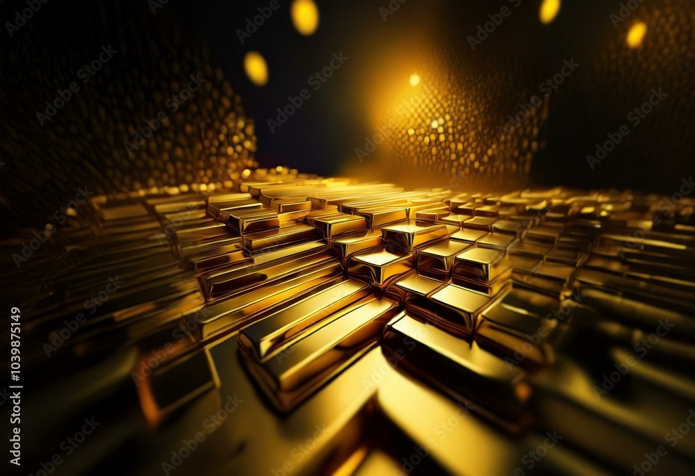 Poster stacked gold bars in a dark background with out of focus lights.
