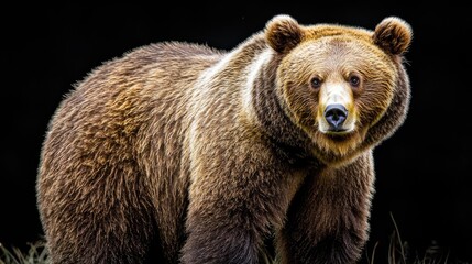 Fototapeta premium A large brown bear stands in front of a black background. It is looking directly at the camera.