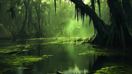A lush green swamp with a large tree in the foreground and sunlight shining through the foliage