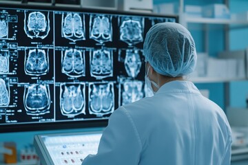 A doctor analyzing MRI scans on a digital screen in a modern medical facility, focusing on patient diagnostics and imaging technology.