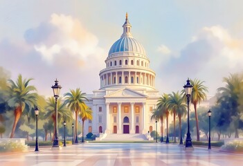 Obraz premium United States Capitol, watercolor sketch illustration. 