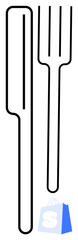 Black outlines of a knife and fork are displayed side by side on a white background. A small blue shopping bag is placed in the bottom right corner. Ideal for kitchen decor, dining guides, restaurant